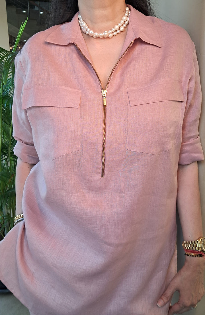 Linen Old Rose Co-Ord Set with zip and pocket detail