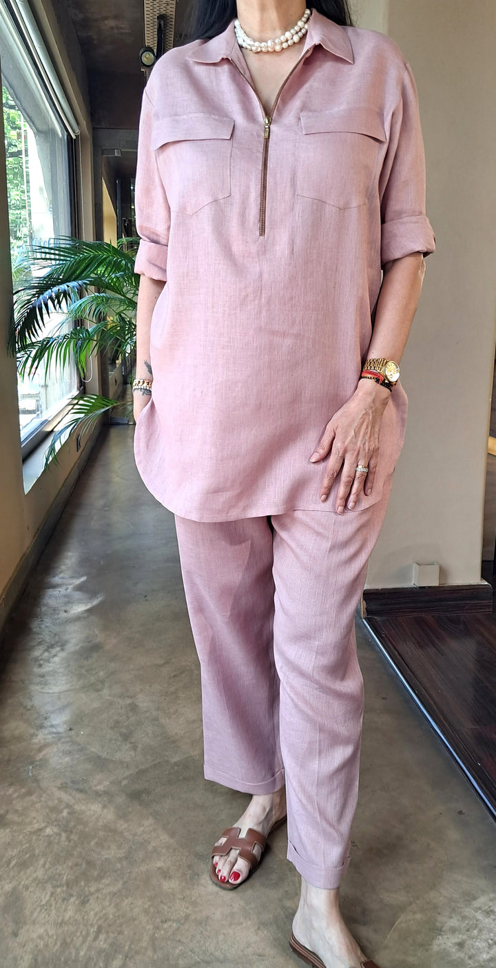 Linen Old Rose Co-Ord Set with zip and pocket detail