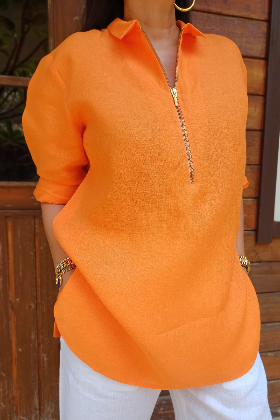 Linen Orange Shirt with Zip Details