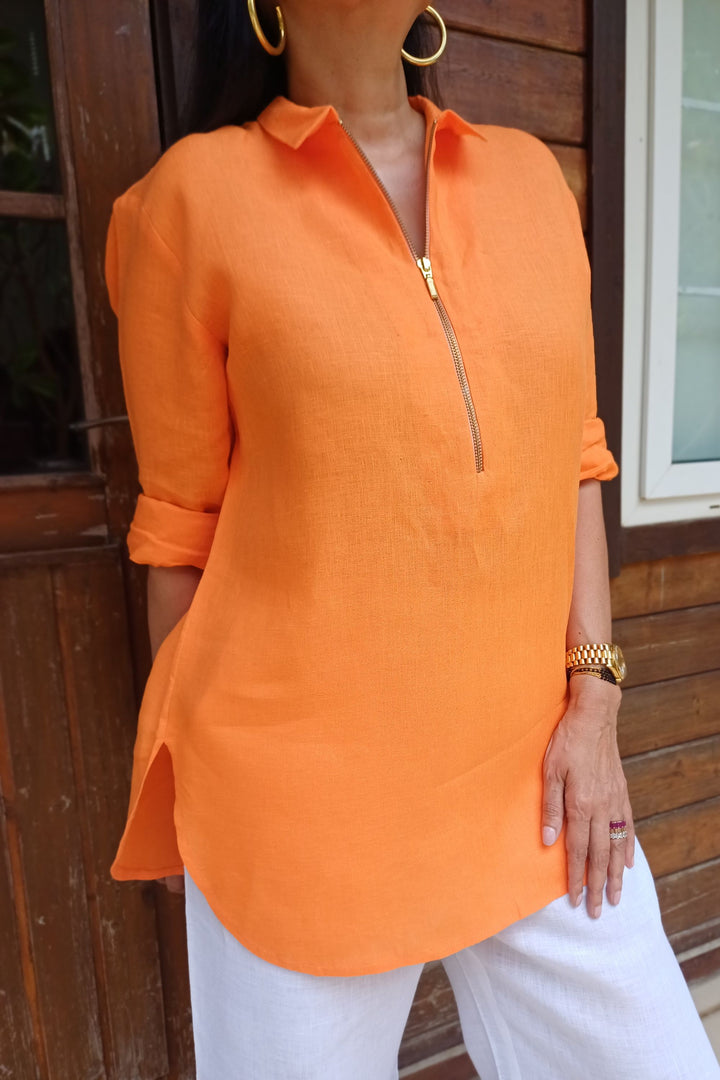 Linen Orange Shirt with Zip Details