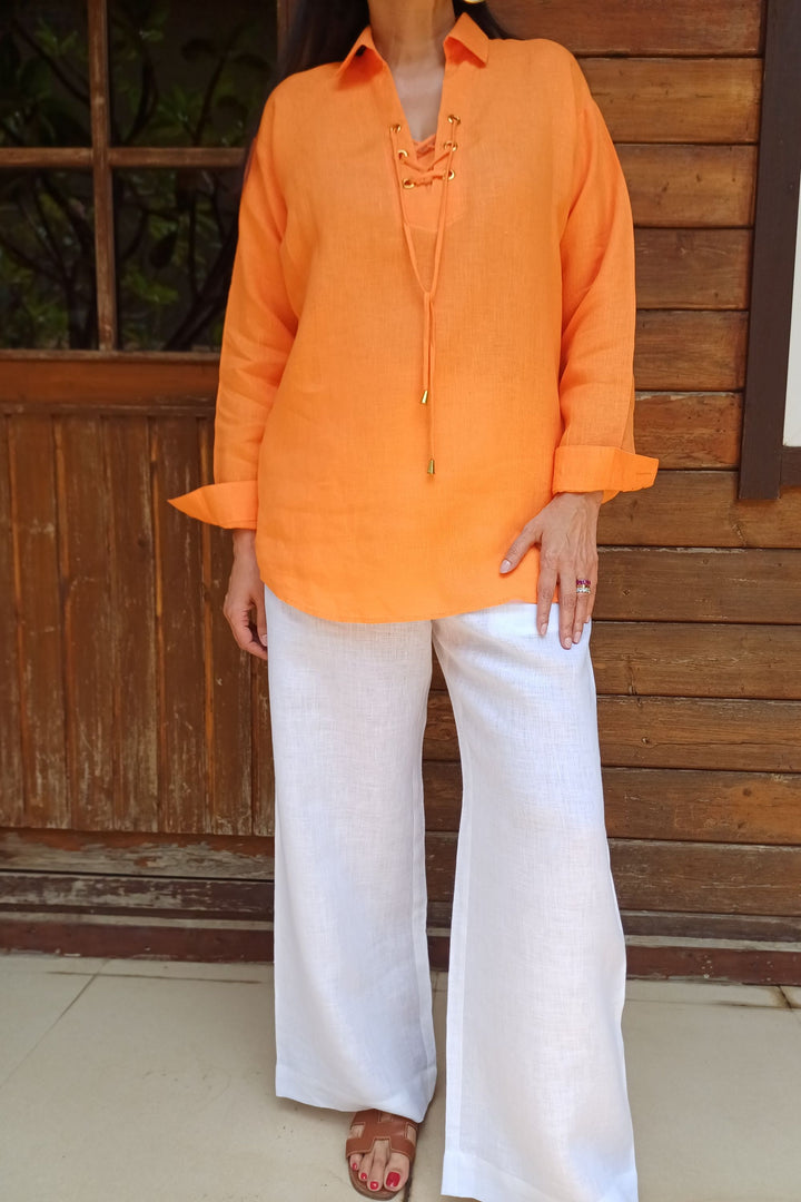 Linen Orange Shirt with Rivet Details