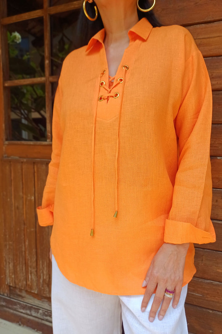 Linen Orange Shirt with Rivet Details