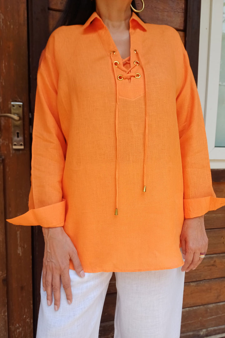 Linen Orange Shirt with Rivet Details