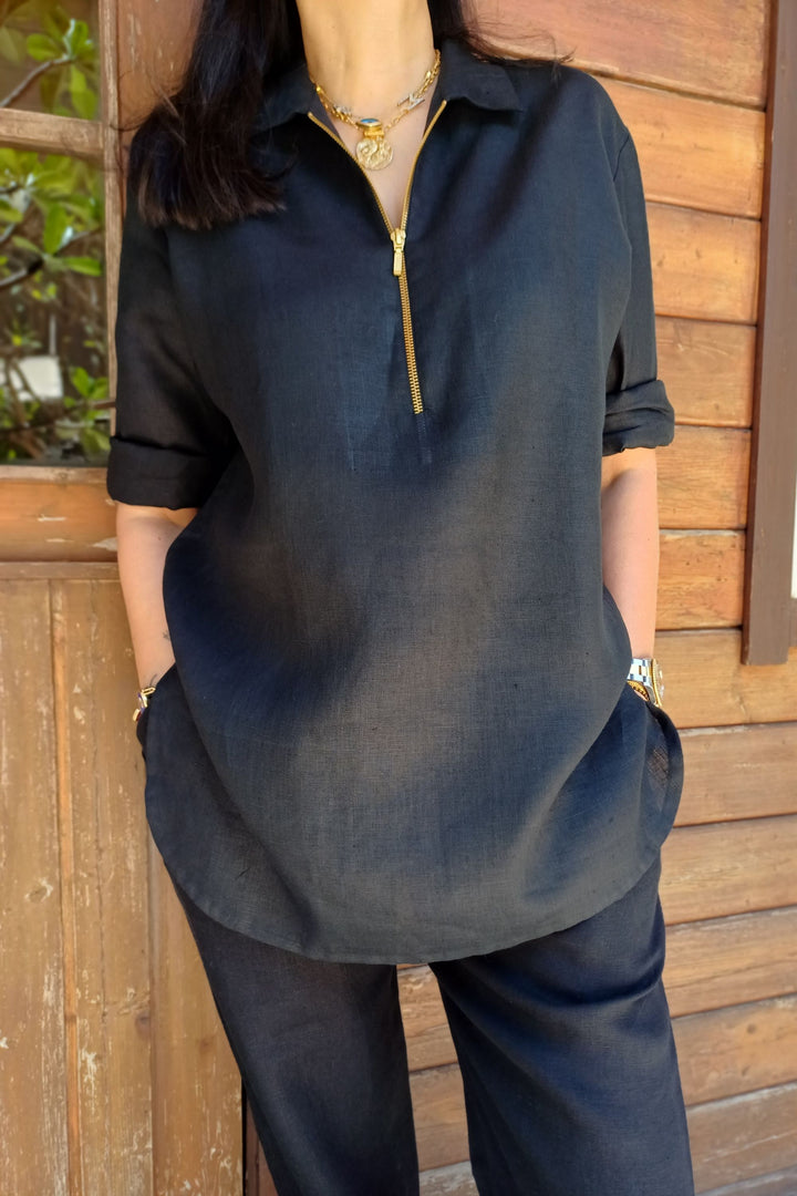 Linen Black Shirt with Zip Details