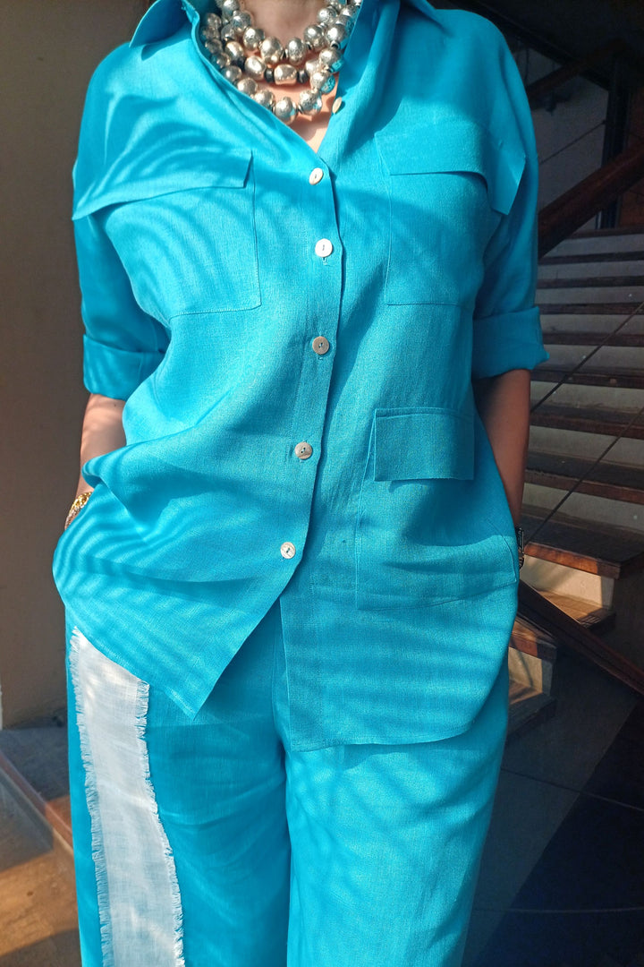 Aqua Linen Co-Ord Set with Pocket Details