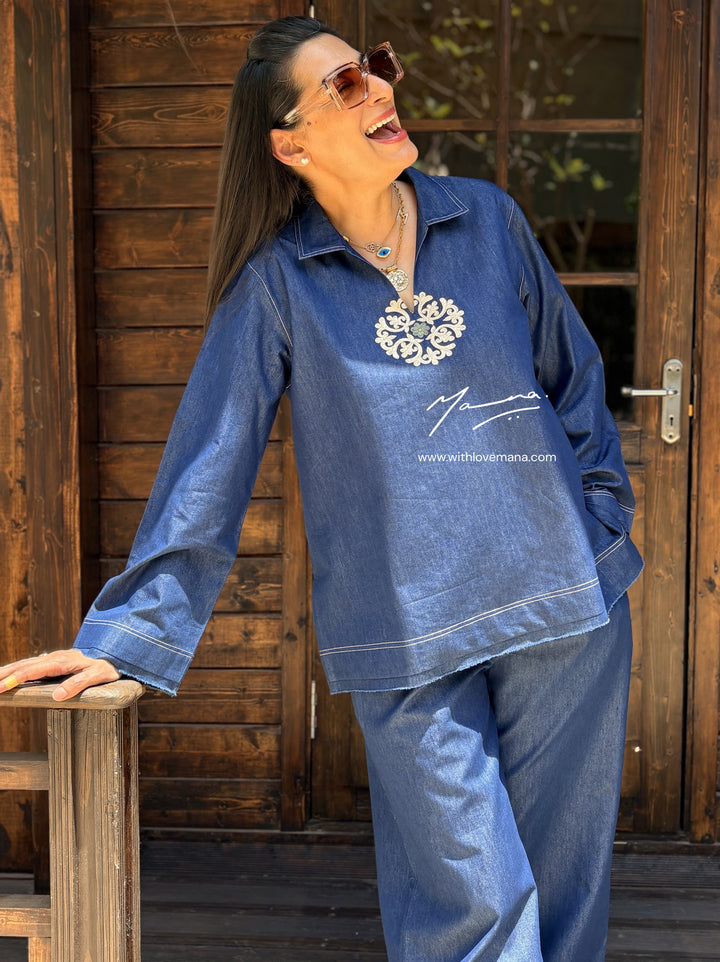 Dark Blue Denim Embroidered Co-Ord Set