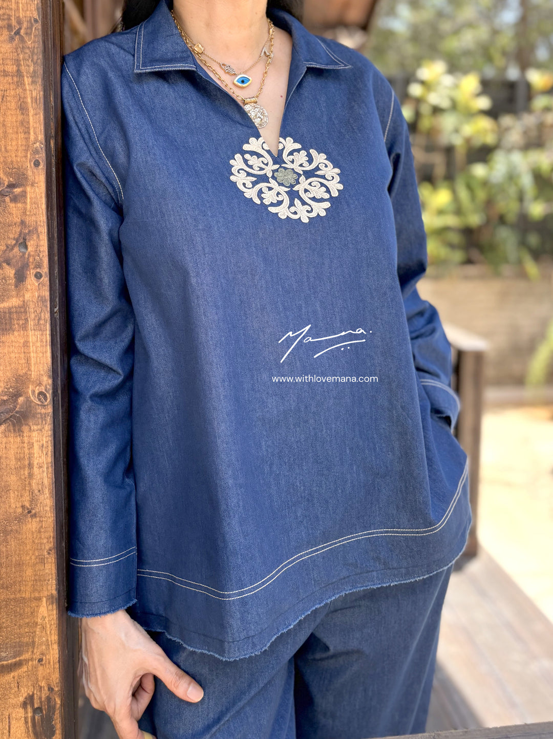 Dark Blue Denim Embroidered Co-Ord Set
