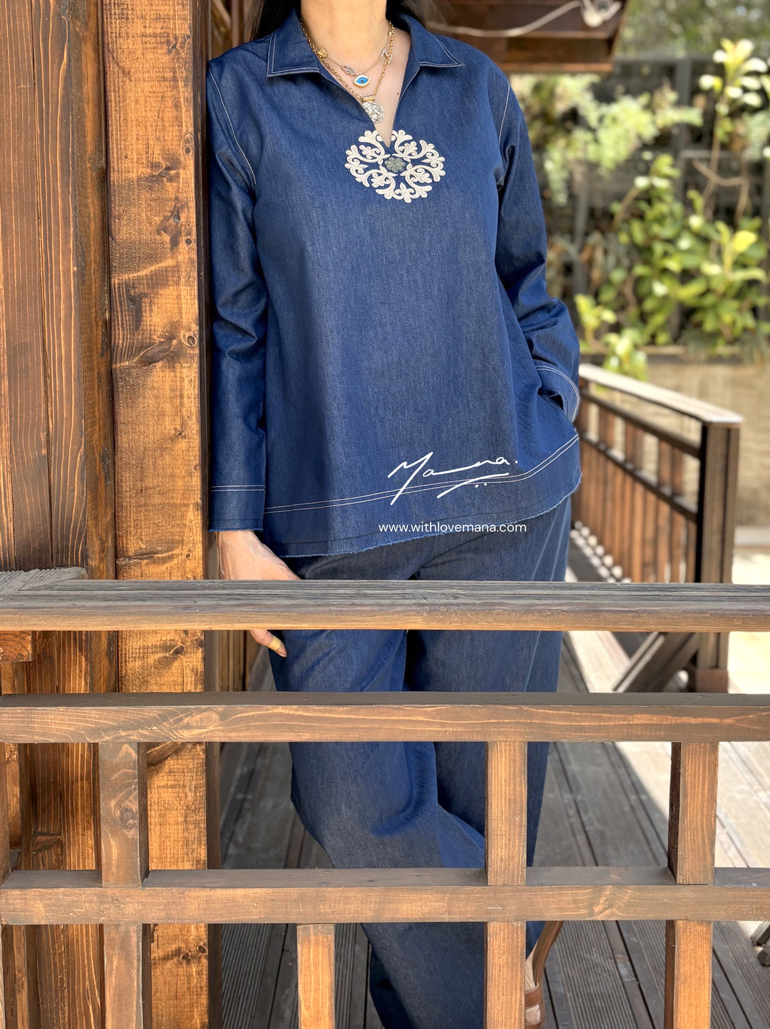 Dark Blue Denim Embroidered Co-Ord Set