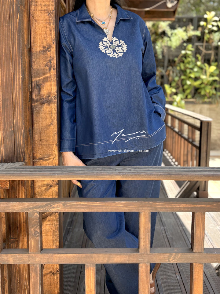 Dark Blue Denim Embroidered Co-Ord Set
