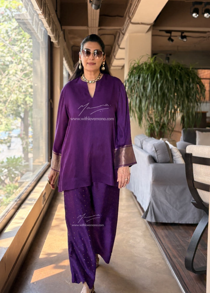 Pure Silk Short Tunic Co-Ord Set-Royal Aurbergine