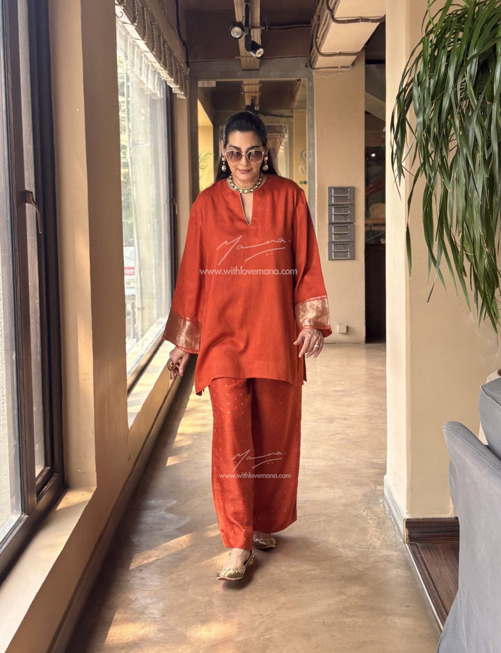 Pure Silk Short Tunic Co-Ord Set-Burnt Orange