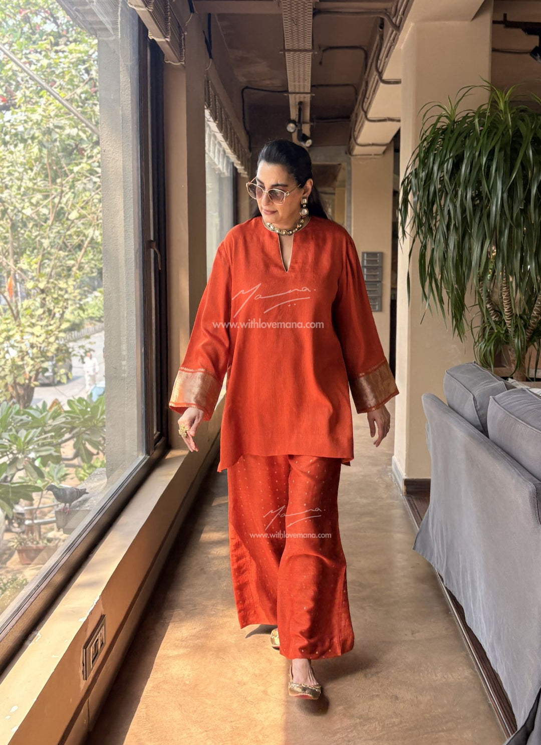 Pure Silk Short Tunic Co-Ord Set-Burnt Orange