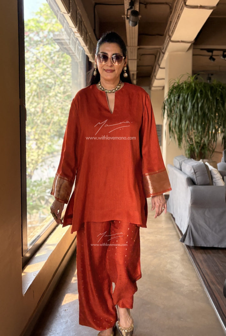 Pure Silk Short Tunic Co-Ord Set-Burnt Orange