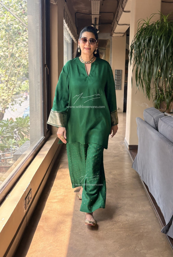 Pure Silk Short Tunic Co-Ord Set-Green