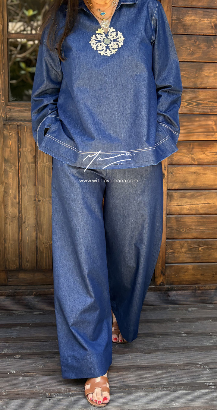Dark Blue Denim Embroidered Co-Ord Set