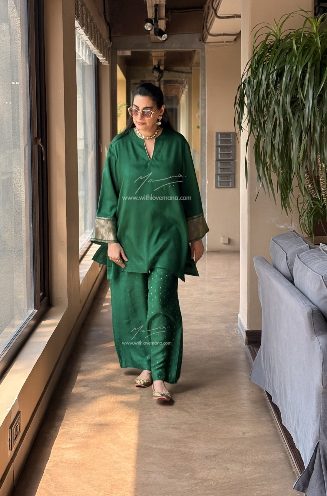 Pure Silk Short Tunic Co-Ord Set-Green