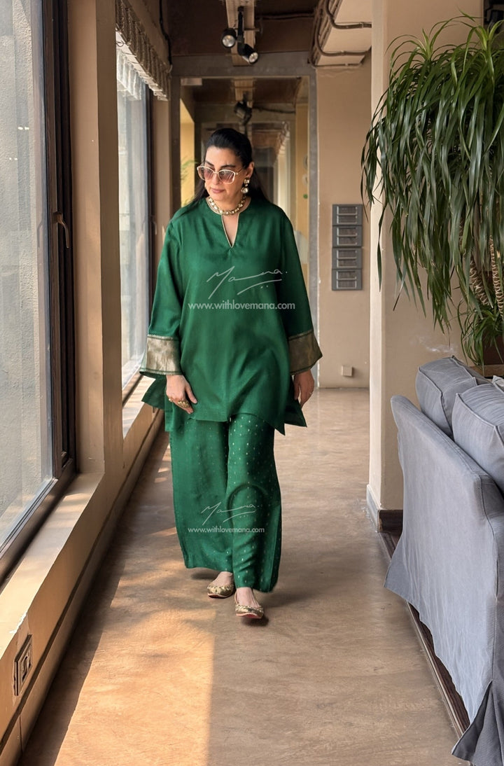 Pure Silk Short Tunic Co-Ord Set-Green