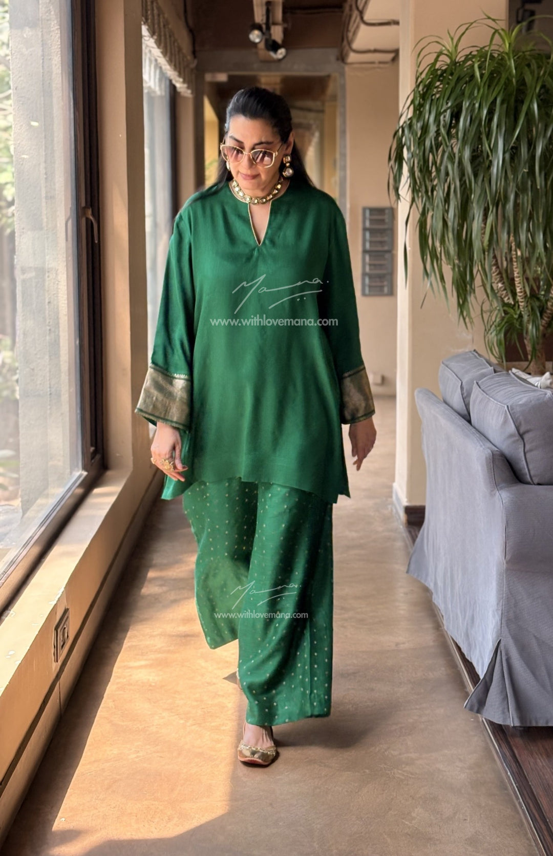 Pure Silk Short Tunic Co-Ord Set-Green
