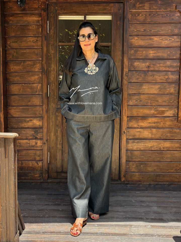 Black Denim Embroidered Co-Ord Set