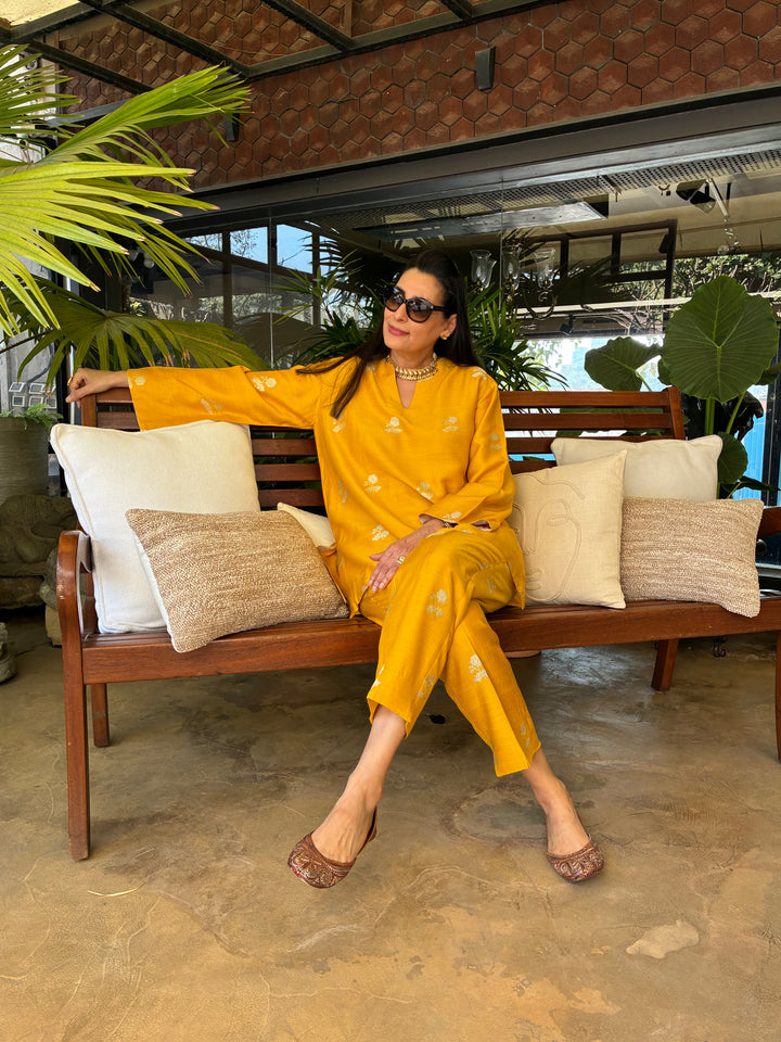 Banarasi Short Tunic with Narrow Pant Co-Ord Set - Mustard