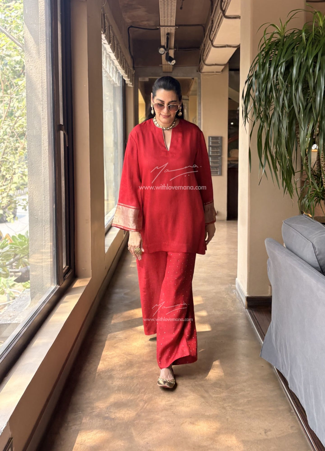 Pure Silk Short Tunic Co-Ord Set-Red
