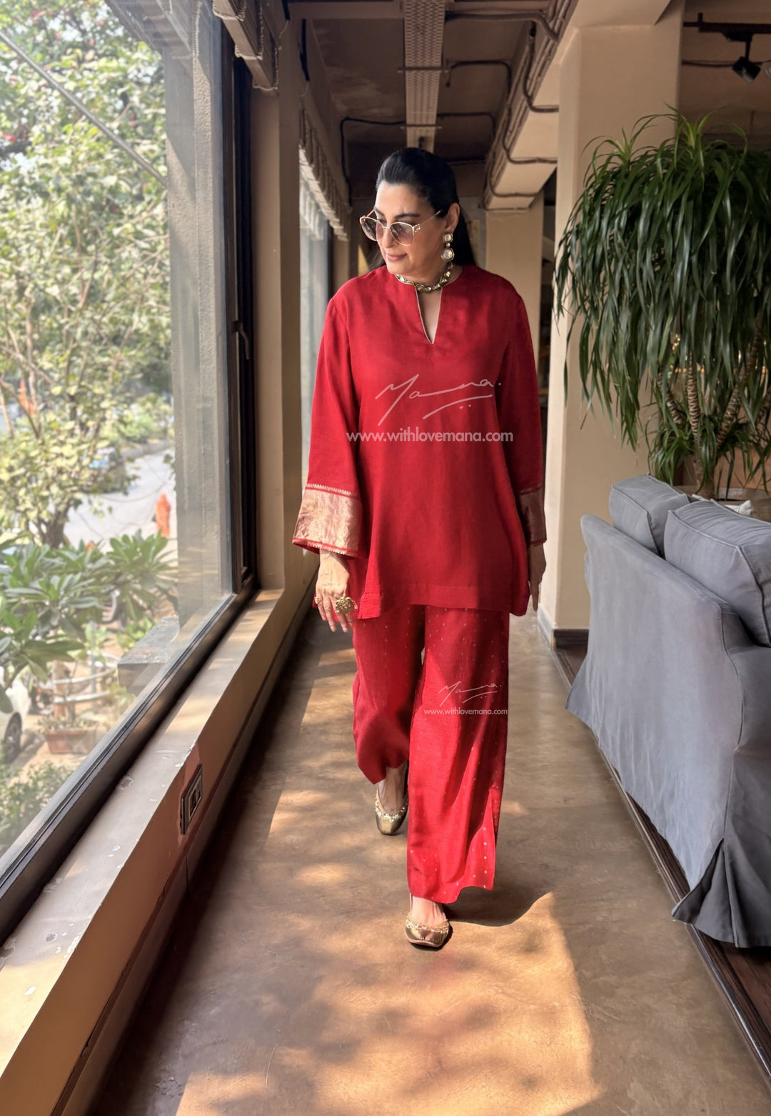 Pure Silk Short Tunic Co-Ord Set-Red