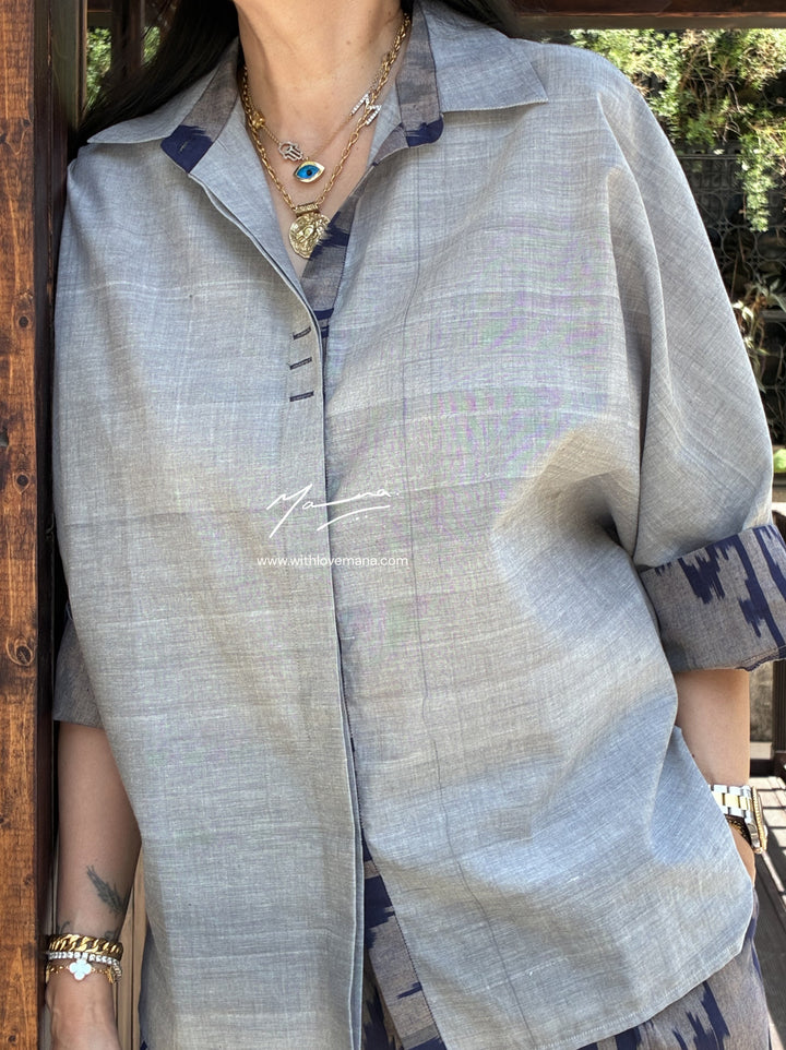 Grey & Indigo-Handloom Cotton Shirt with Ikat Pant