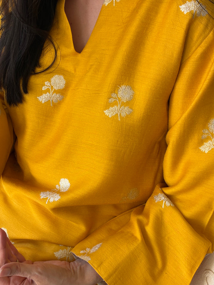 Banarasi Short Tunic with Narrow Pant Co-Ord Set - Mustard