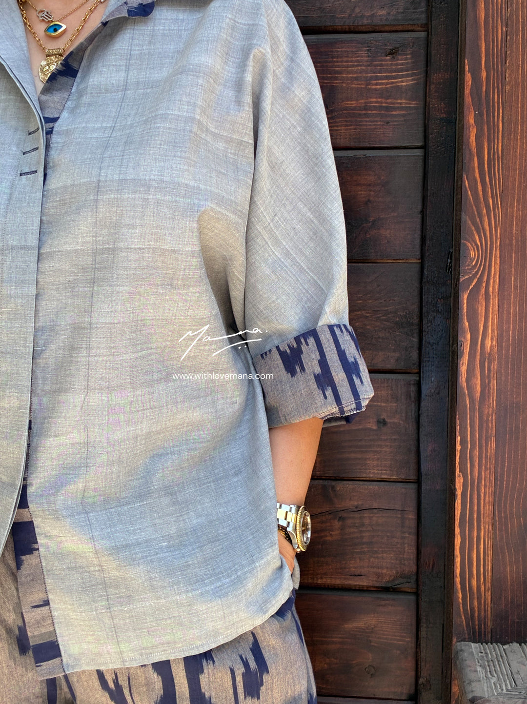 Grey & Indigo-Handloom Cotton Shirt with Ikat Pant