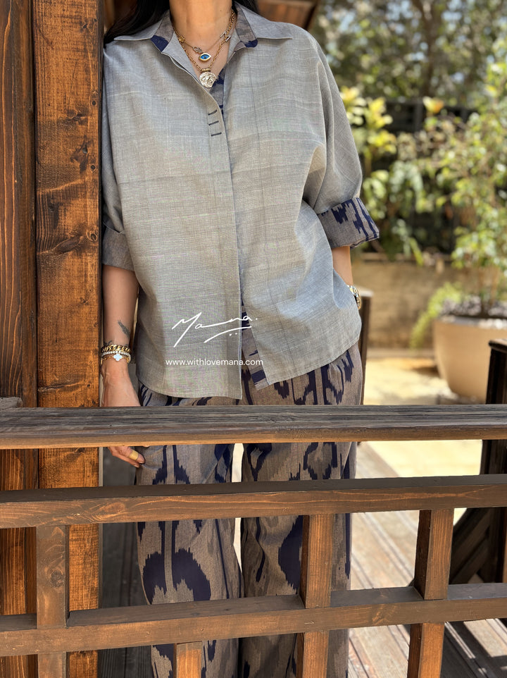 Grey & Indigo-Handloom Cotton Shirt with Ikat Pant