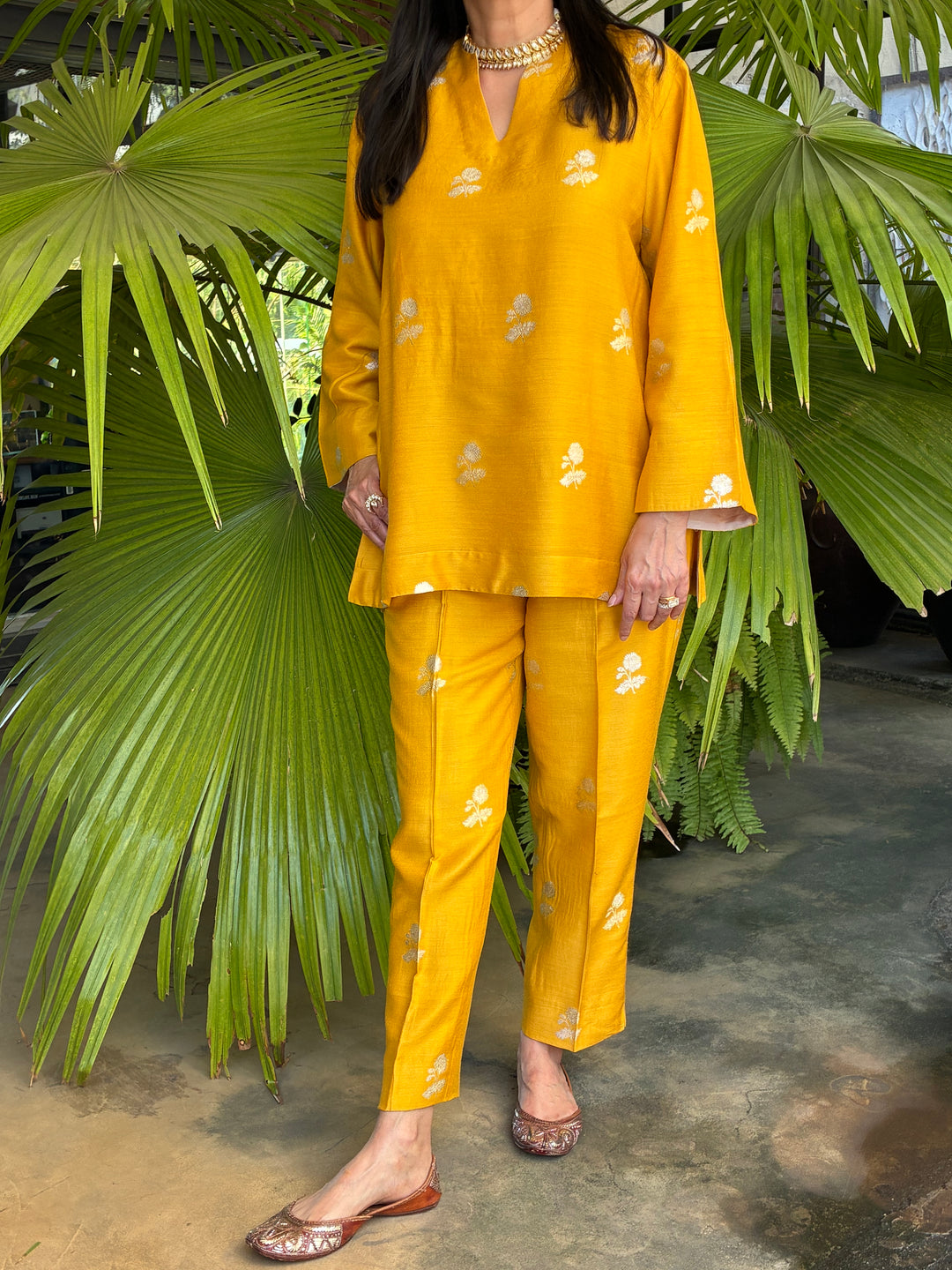 Banarasi Short Tunic with Narrow Pant Co-Ord Set - Mustard