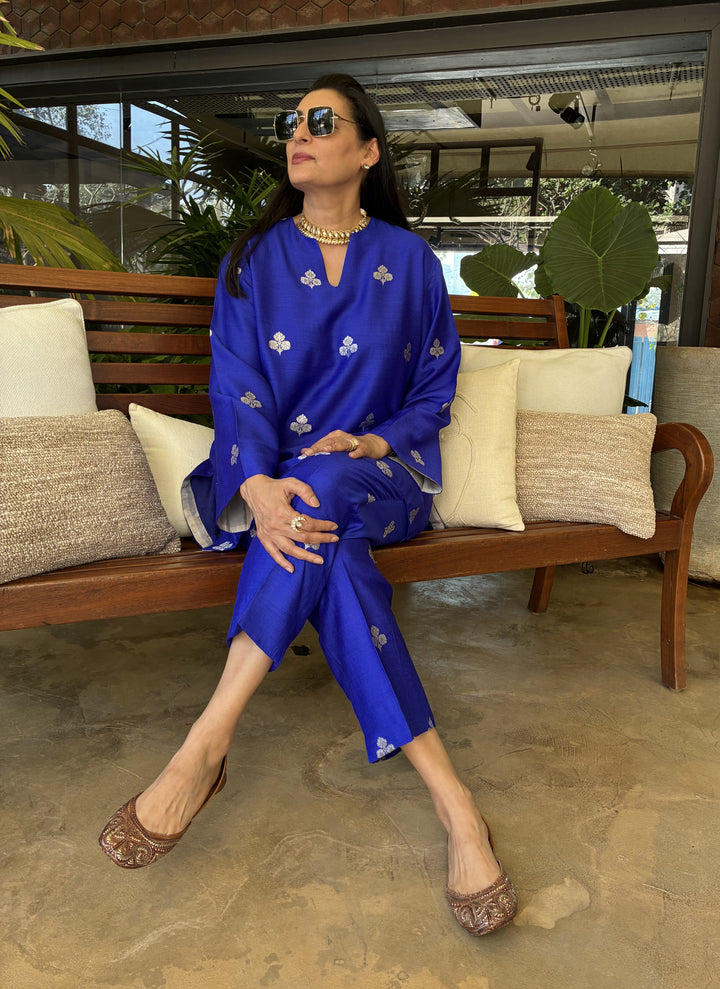 Banarasi Short Tunic with Narrow Pant Co-Ord Set - Royal Blue