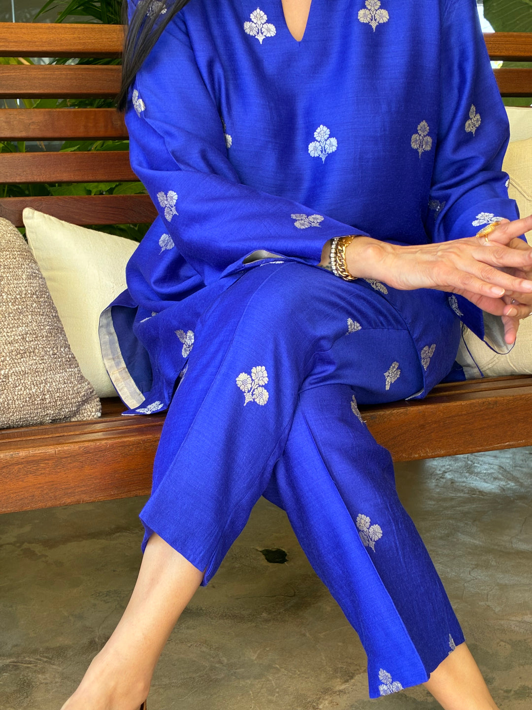 Banarasi Short Tunic with Narrow Pant Co-Ord Set - Royal Blue