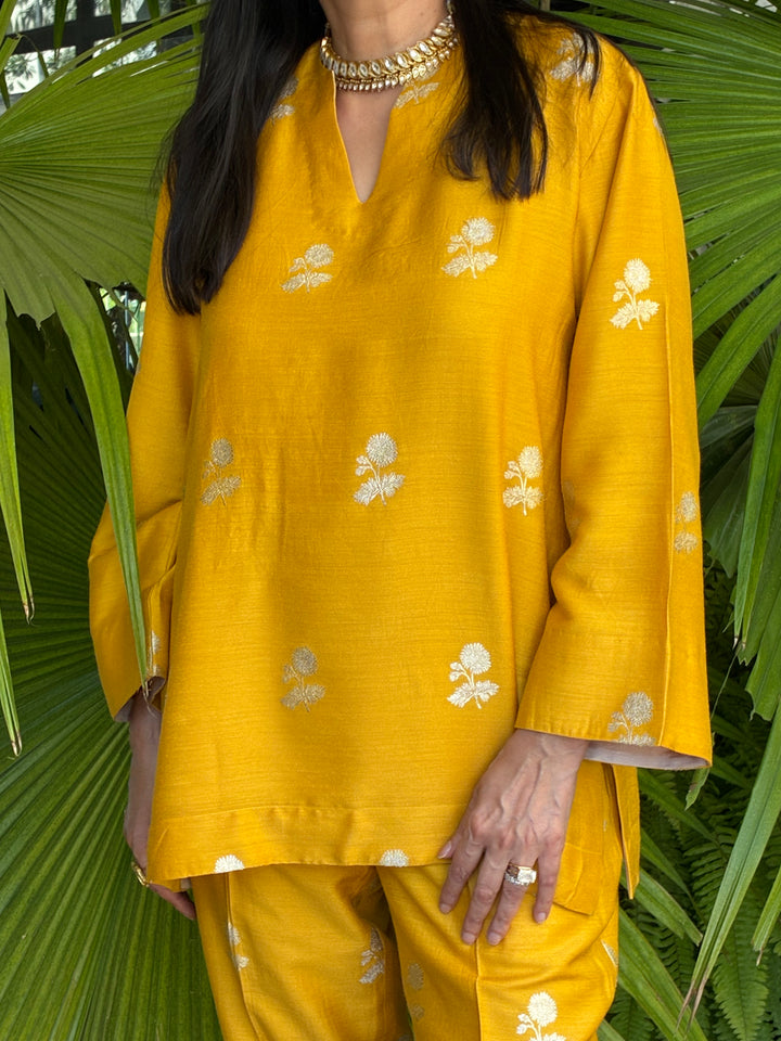 Banarasi Short Tunic with Narrow Pant Co-Ord Set - Mustard
