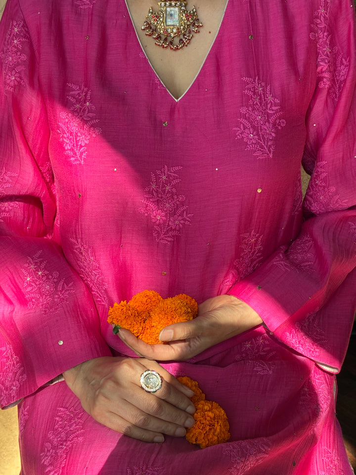 Maheshwari Kurti with Farshi Salwar -Pink