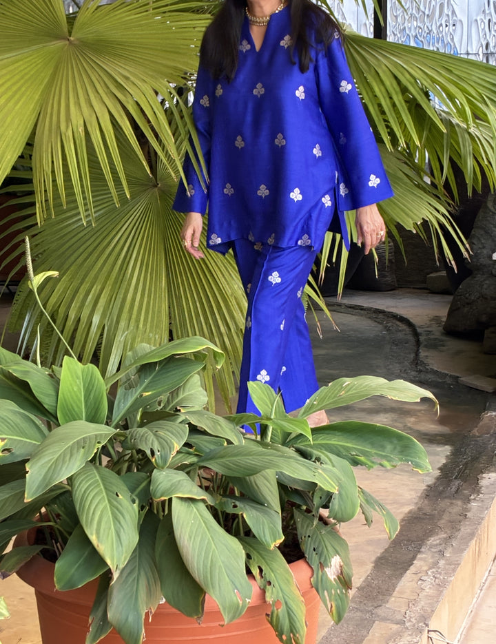 Banarasi Short Tunic with Narrow Pant Co-Ord Set - Royal Blue