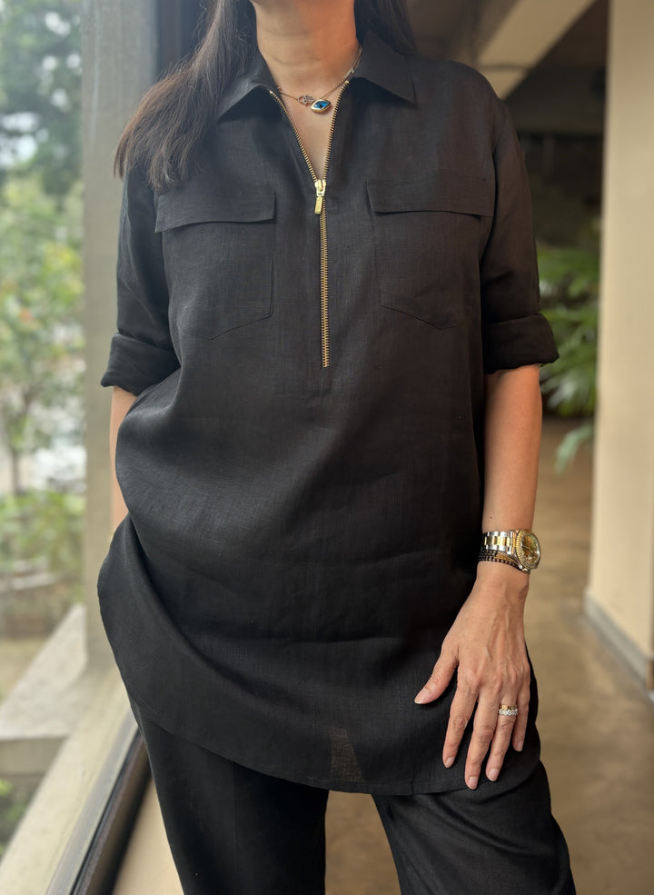 Linen Black Co-Ord Set with zip and pocket detail