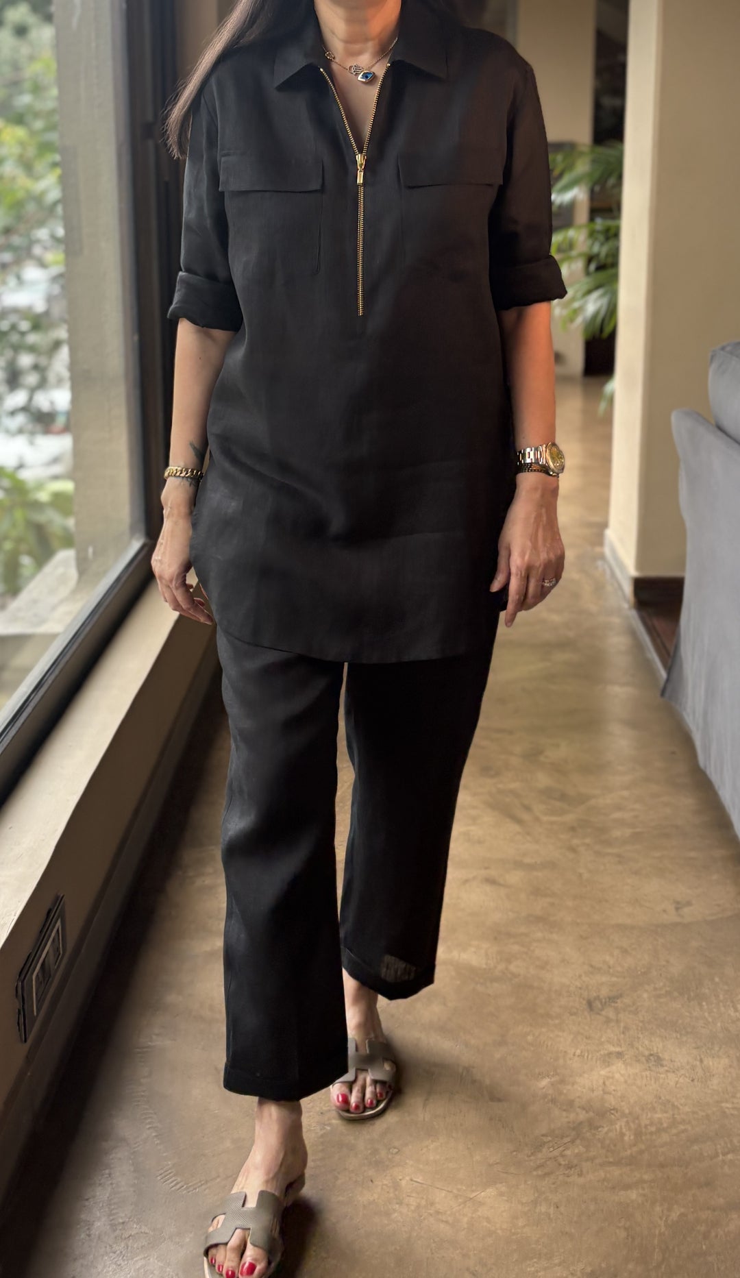 Linen Black Co-Ord Set with zip and pocket detail