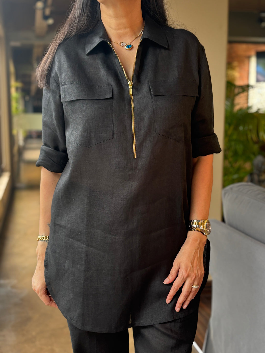 Linen Black Co-Ord Set with zip and pocket detail