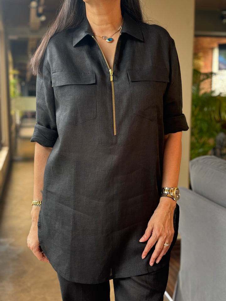 Linen Black Co-Ord Set with zip and pocket detail