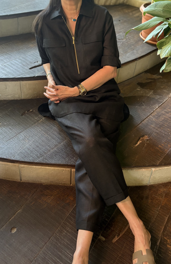 Linen Black Co-Ord Set with zip and pocket detail