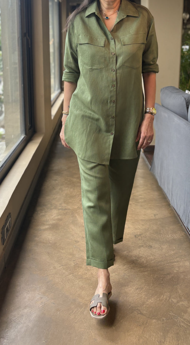 Linen Military Green Co-Ord Set with pockets