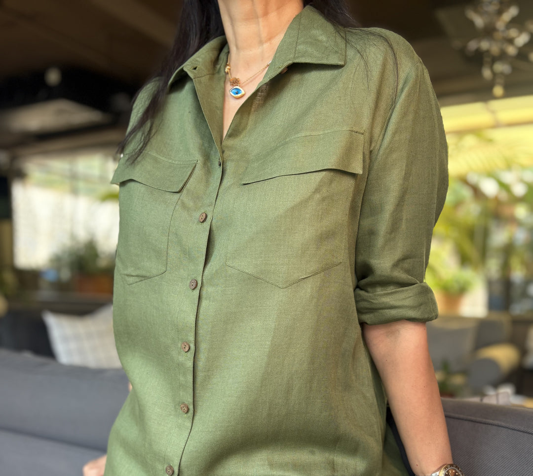 Linen Military Green Co-Ord Set with pockets