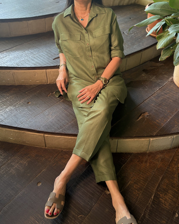 Linen Military Green Co-Ord Set with pockets
