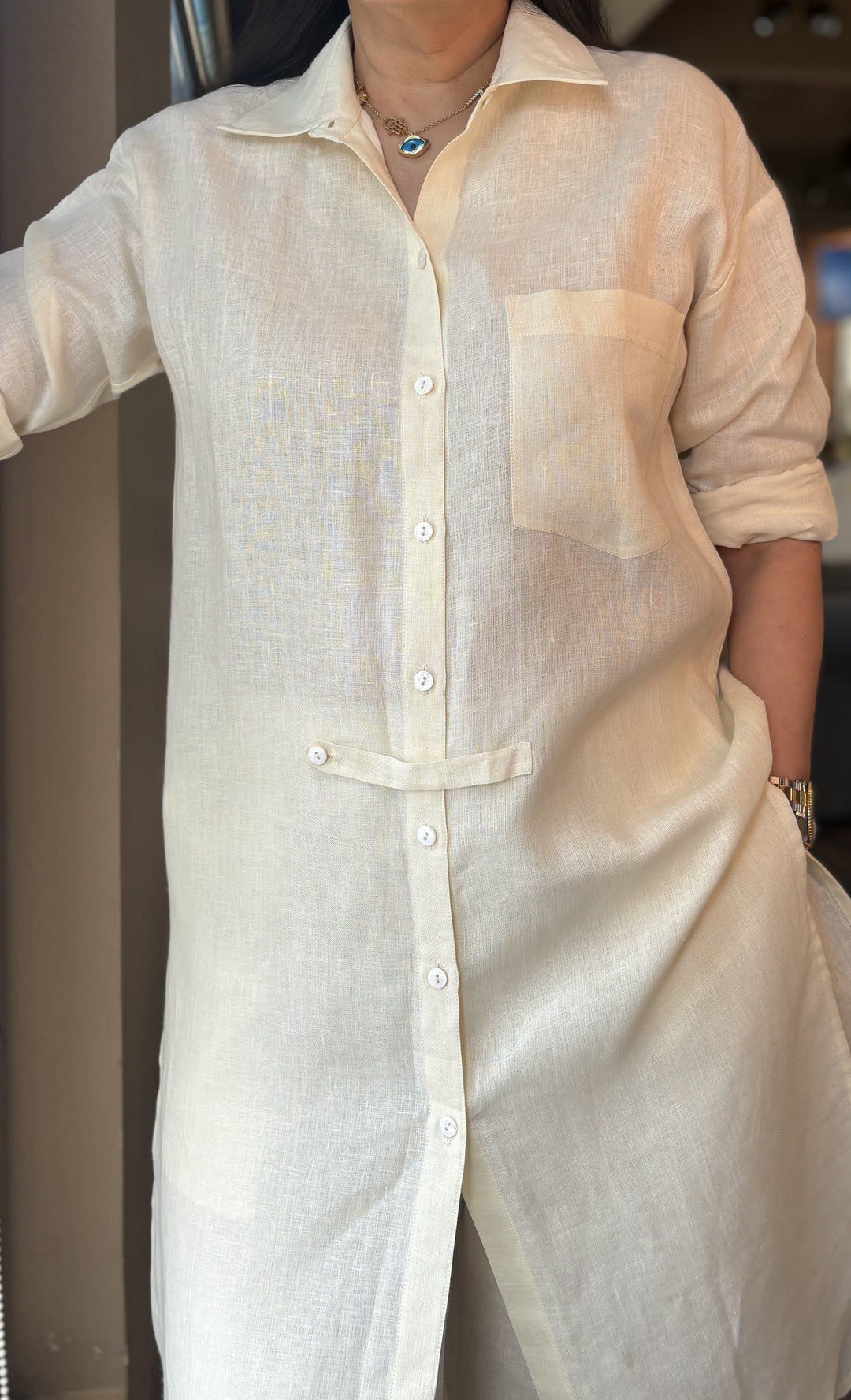 Linen Long Tunic Co-Ord Set - Cream