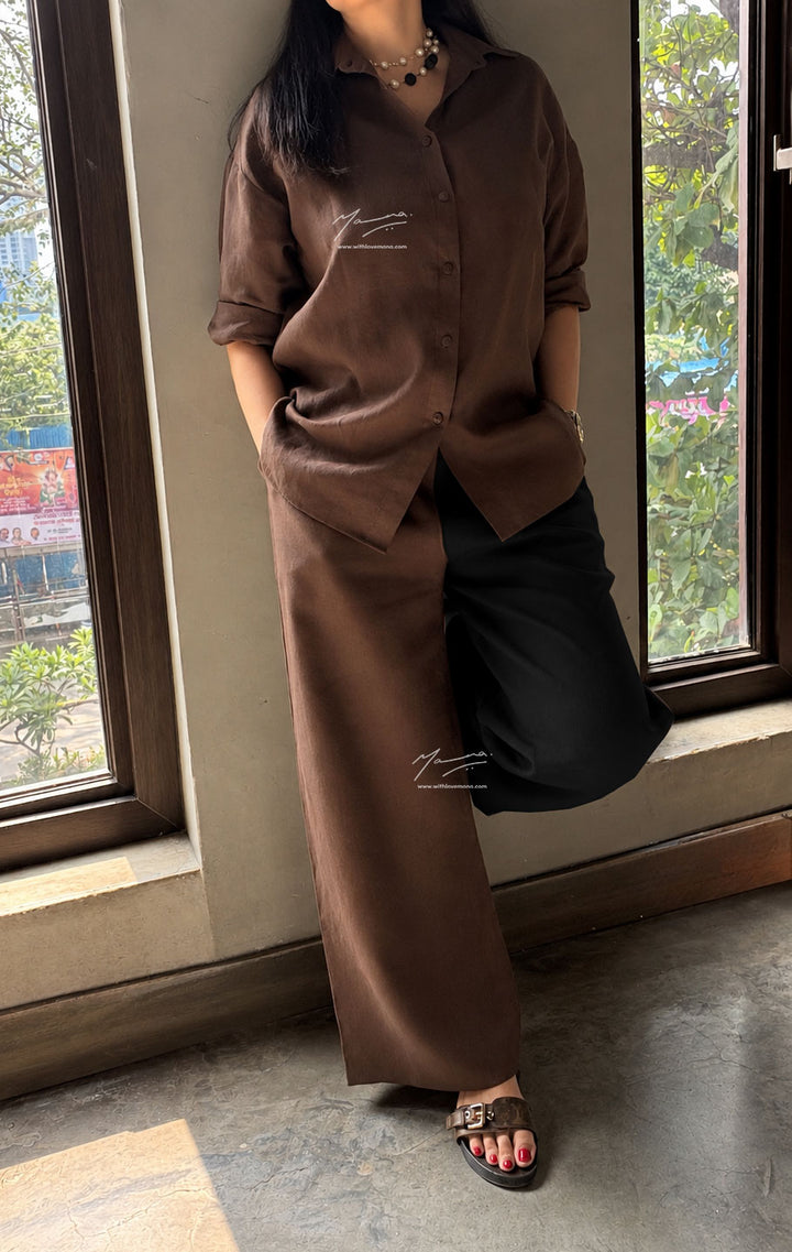 Two-Tone Linen Co-Ord Set - Brown & Black