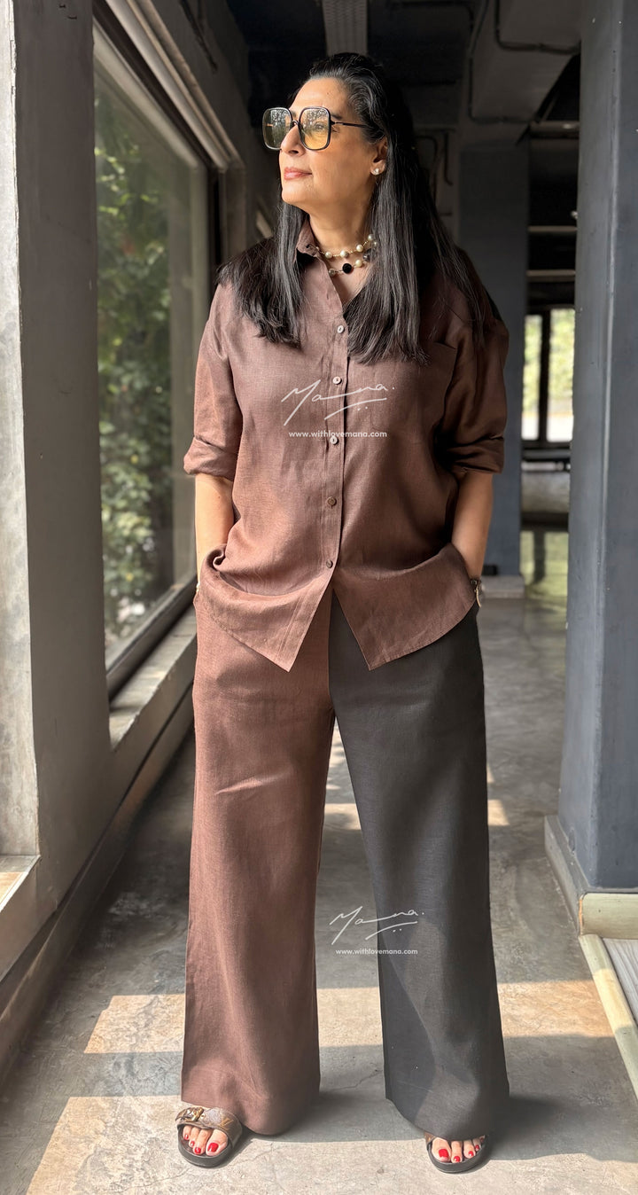 Two-Tone Linen Co-Ord Set - Brown & Black