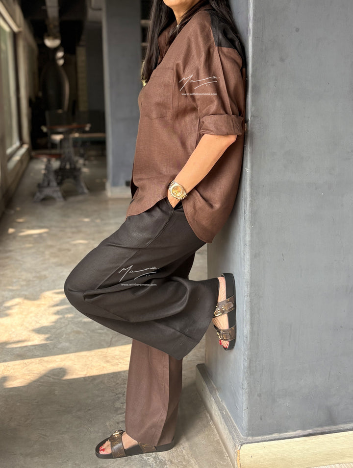 Two-Tone Linen Co-Ord Set - Brown & Black