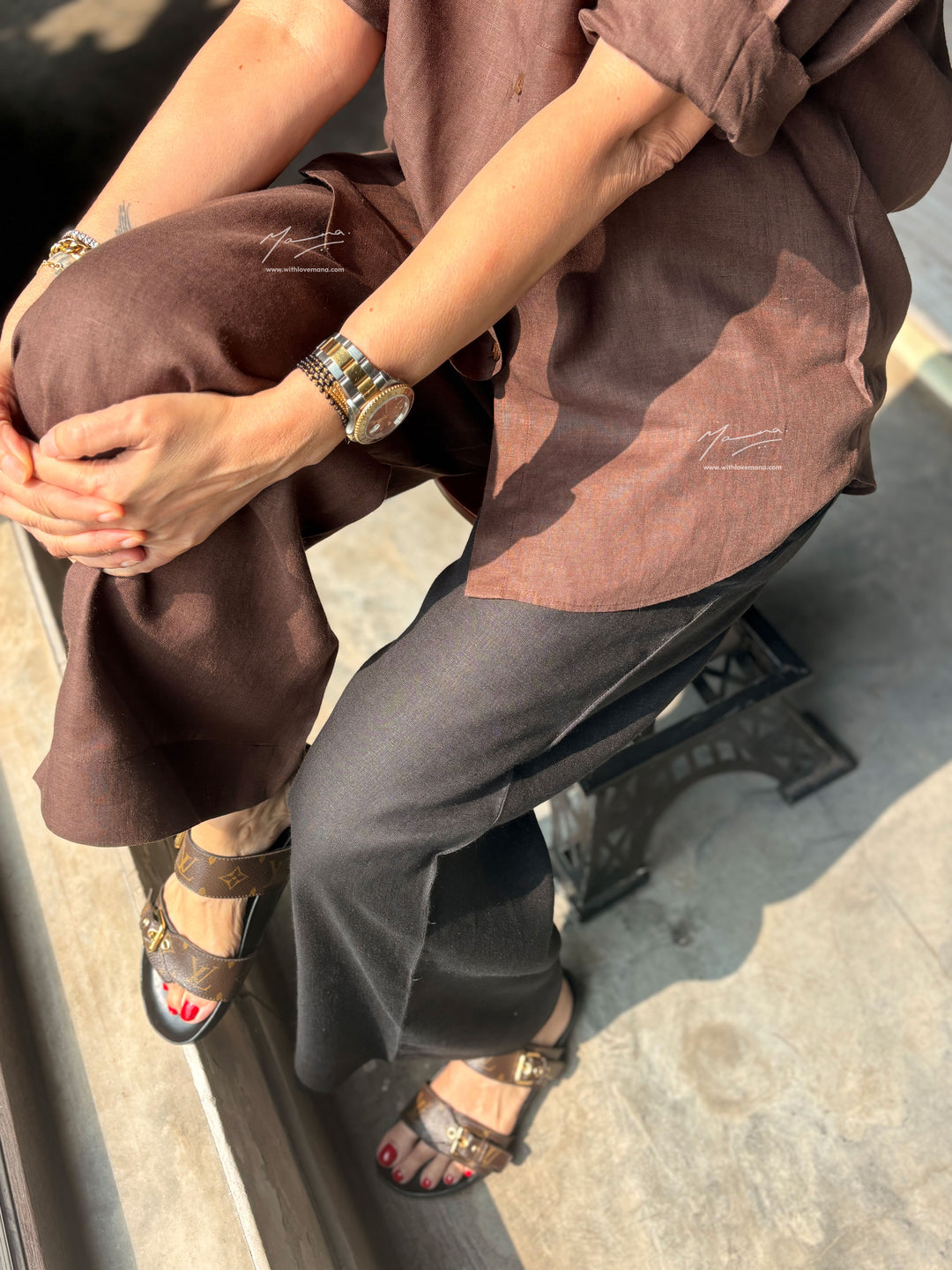 Two-Tone Linen Co-Ord Set - Brown & Black