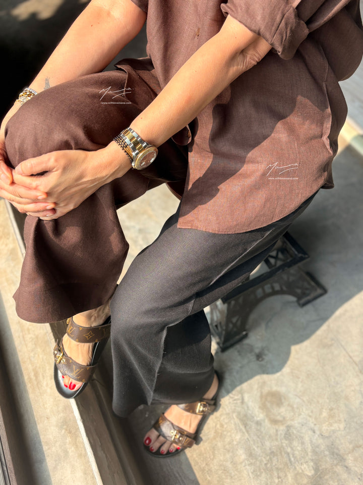 Two-Tone Linen Co-Ord Set - Brown & Black